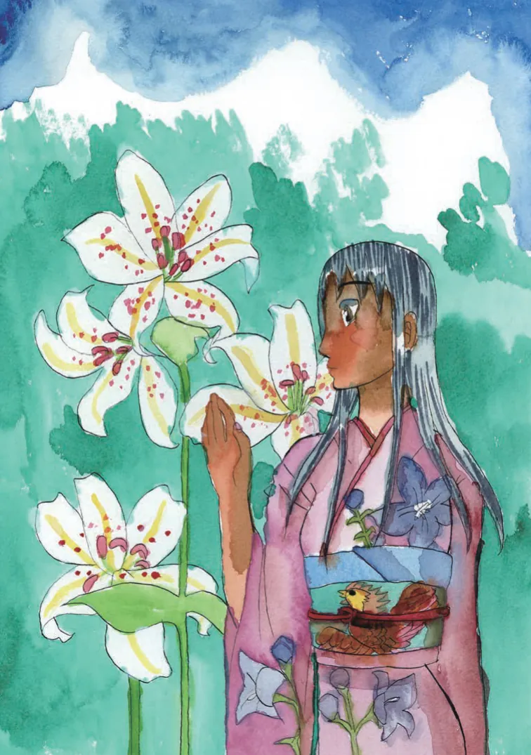 水彩のカラー口絵。白い百合の花のそばに立つ、桃色の着物の女性