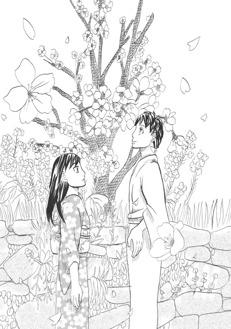 満開の桜の木を見上げる、着物姿の海松と時人の挿絵