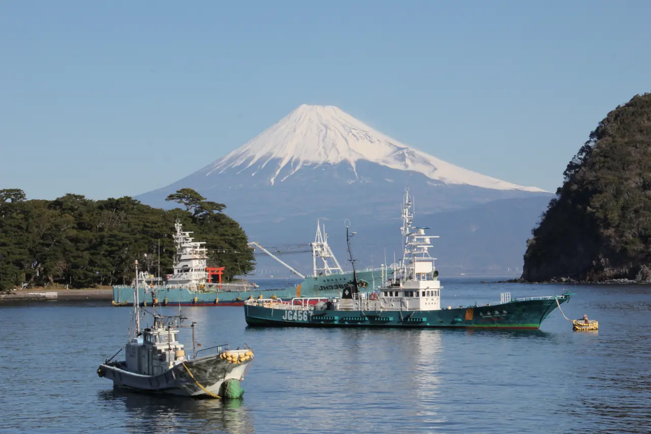 漁船の浮かぶ港の向こうに、雪をいただいた富士山